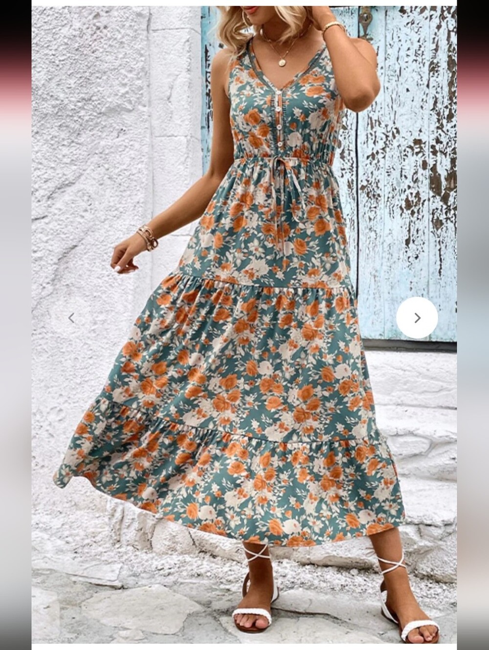 Floral Tiered Maxi Dress in Teal and Orange - Sleeveless Summer Dress